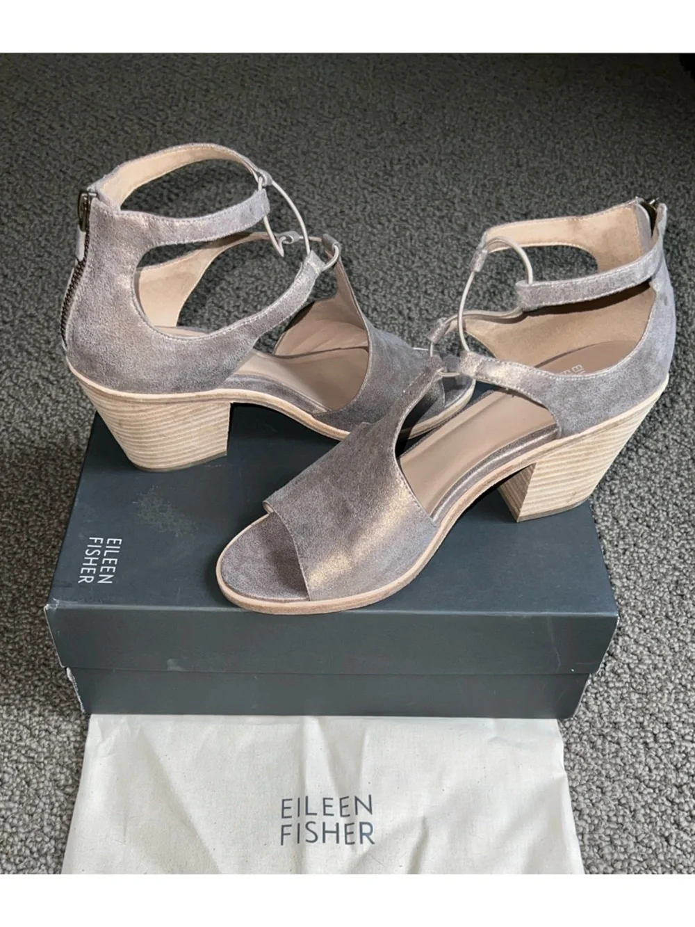 Eileen Fisher Gray Metallic Suede Block Heel Sandals